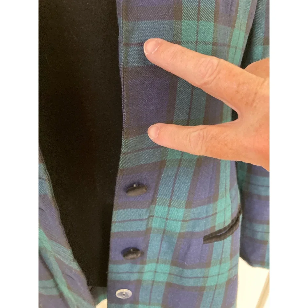 Stephanie Andrews Black Watch Plaid Longline Blazer Coat Velvet Collar 6 Petite